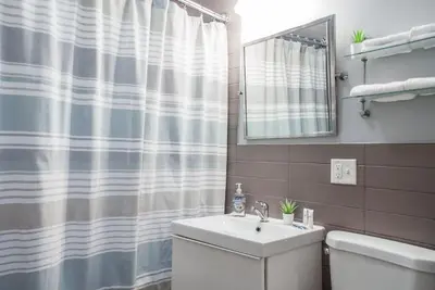 a bathroom with a sink and a shower curtain at Gorgeous 1BR Wooster Sq. apt. - wshr/dryr, parking in New Haven