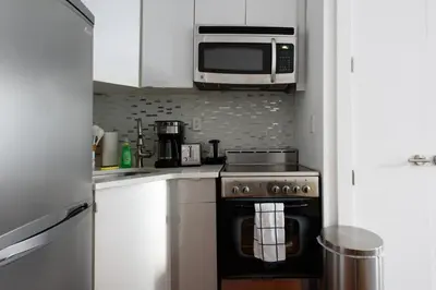 a kitchen with a stove and a microwave at 24-18 New Gramercy Studio W D in Unit Fully Reno in New York