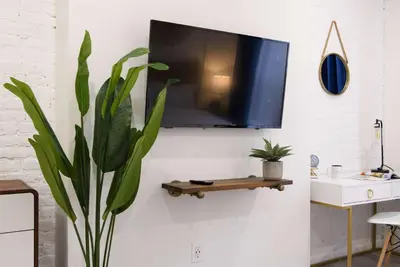a tv hanging on a wall with a plant at 240-12 BRAND NEW Studio Prime location W&D in New York