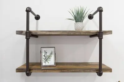 a wooden and metal shelf with a black pole at 1597-5 New Studio Prime UES W D in unit in New York
