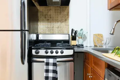 a kitchen with a stove and a refrigerator at 1567-1A New 2br PRIME upper East APT W&D in New York