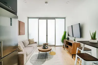 a living room with a couch and a tv at 78-4B NEW Quality 1br W&D in unit SKYLIGHTS in New York