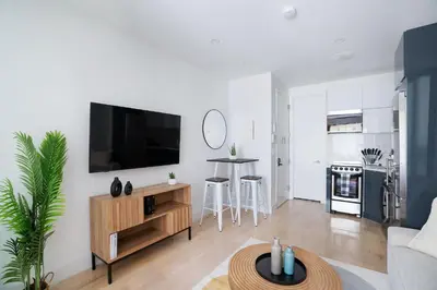 a living room with a flat screen tv on a wall at 78-4B NEW Quality 1br W&D in unit SKYLIGHTS in New York