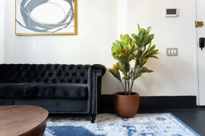 a living room with a black couch and a potted plant at E10-1 Designer East Village Townhouse 1BR in New York