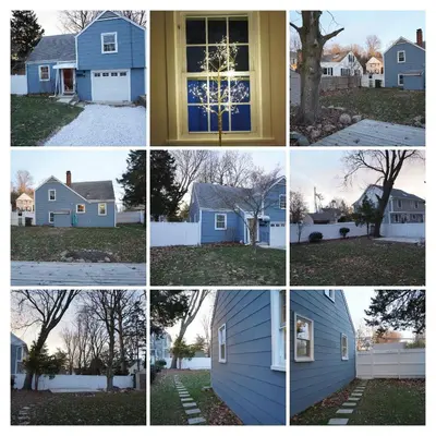 four different pictures of a blue house at Live the Walkable Darien Lifestyle in this Charming Noroton Heights Gem! in Darien