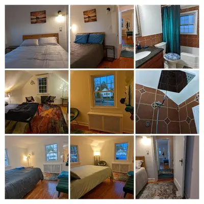 a collage of four pictures of a hotel room at Live the Walkable Darien Lifestyle in this Charming Noroton Heights Gem! in Darien