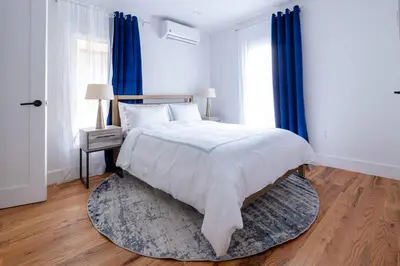 a bedroom with a bed with blue curtains and a rug at 323-2 Specious 2BR Williamsburg in Brooklyn