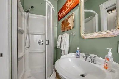 a bathroom with a white sink and a shower at A Bonnie Place in Oneonta