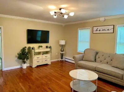 a living room with a couch and a flat screen tv at Forest and River Side Tranquil House in Montague