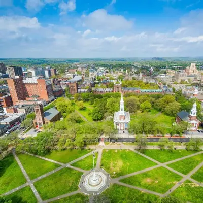 an aerial view of a city with a clock tower at Peachy Paradise in East Rock Near DT/Yale in New Haven
