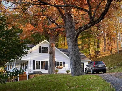 a white house with two trees in front of it at Cozy Cottage, Hot Tub, Fire Pit, 15min to Hudson and hiking in Catskill