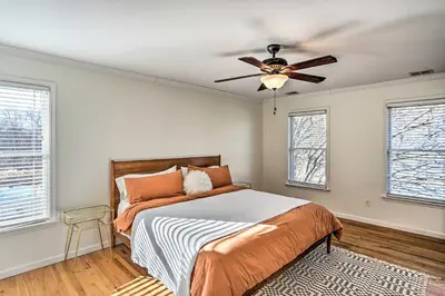 a bedroom with a bed and a ceiling fan at Pet-Friendly Beacon Area Vacation Rental 6 Acres in Lagrangeville