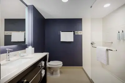 a bathroom with a toilet and a sink and a shower at Residence Inn by Marriott New Haven Hamden in Hamden