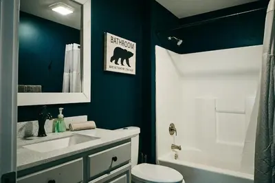 a bathroom with a sink and a toilet and a mirror at Bear House Catskills - Private Pool, Pond, Hot Tub, Work-Friendly in Cairo