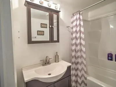 a bathroom with a sink and a mirror and a shower at 1st Base Apt 1 All Star Baseball Rentals in Oneonta
