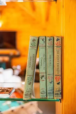 three books are sitting on a shelf at Log Home w Mountain Views Near Windham & Hunter Ski Resorts in Maplecrest