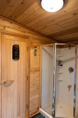 a shower in a room with a wooden ceiling at Log Home w Mountain Views Near Windham & Hunter Ski Resorts in Maplecrest