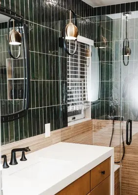 a green tiled bathroom with a sink and a shower at NEWLY REMODELED FOUR BEDROOM All SEASON CONDO W MOUNTAIN VIEWS in East Jewett