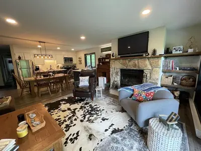 a living room with a couch and a fireplace at Mountain Condo with Modern Cabin Style in East Jewett