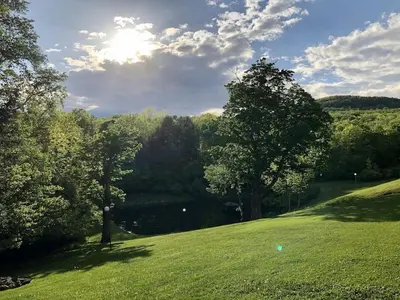 a green field with trees and the sun in the sky at Mountain Condo with Modern Cabin Style in East Jewett