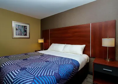 a hotel room with a large bed with a wooden headboard at Sky Hotel Flushing/Laguardia Airport in Queens