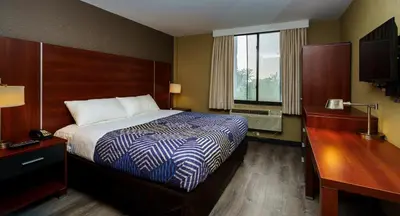 a bedroom with a bed and a desk and a television at Sky Hotel Flushing/Laguardia Airport in Queens