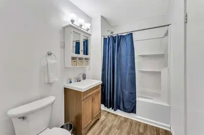 a bathroom with a toilet and a sink and a shower at 2nd Base Apt 2 All Star Baseball Rentals in Oneonta