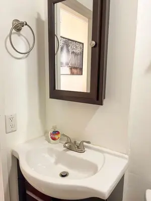 a bathroom with a white sink and a mirror at Right Field All Star Baseball Rentals in Oneonta