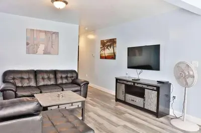a living room with a couch and a flat screen tv at Shortstop Apt 2 All Star Baseball Rentals in Oneonta