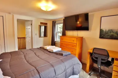 a bedroom with a bed and a desk and a television at The Bullpen All Star Baseball Rentals in Oneonta