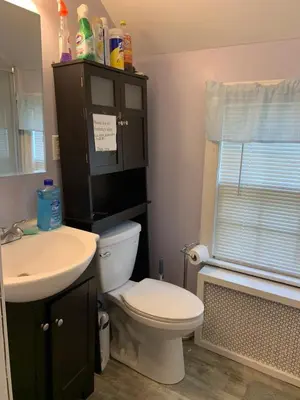 a bathroom with a white toilet and a sink at Luke's BnB in Albany