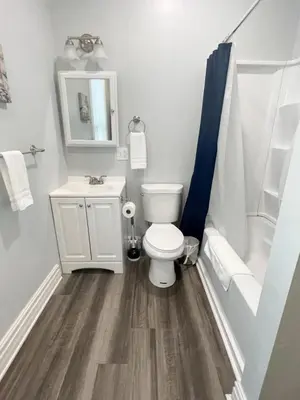 a bathroom with a toilet and a sink and a tub at Triple Play Apt 1 All Star Baseball Rentals in Oneonta