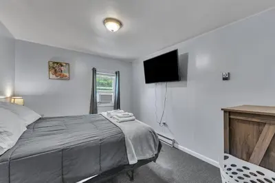 a bedroom with a bed and a flat screen tv at Babe Ruth Apt 2 All Star Baseball Rentals in Oneonta
