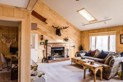 a living room with a couch and a fireplace at Wine Moose w Hot tub Fireplace Sauna 9min to Mt Snow in Dover