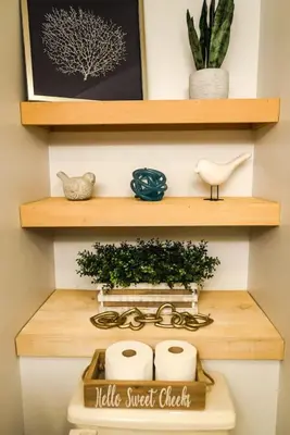 a shelf above a toilet with a plant on it at Wine Moose w Hot tub Fireplace Sauna 9min to Mt Snow in Dover