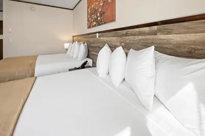 a bedroom with two beds with white pillows at Highbridge Hotel in Bronx