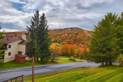 a house on the side of a road with autumn trees at Mountain Village #5H in Dover