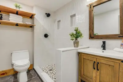 a bathroom with a toilet and a sink and a mirror at Honey Paws Inn Wilmington Home 6 Mi to Mount Snow in Wilmington
